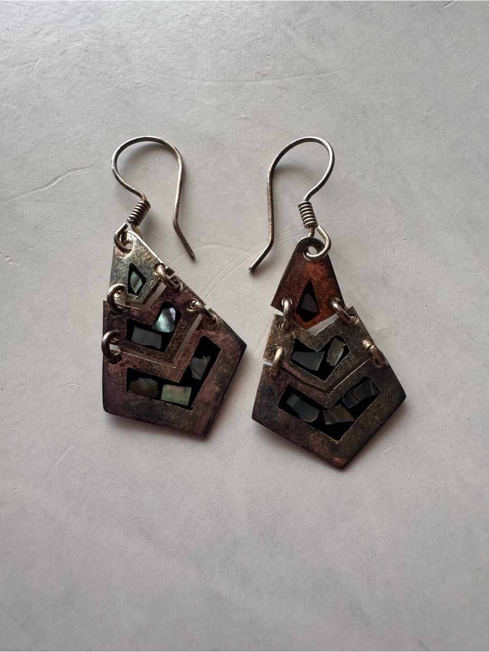 Sterling-Inspired Geometric Drop Earrings with Abalone Inlay - Silver Tone